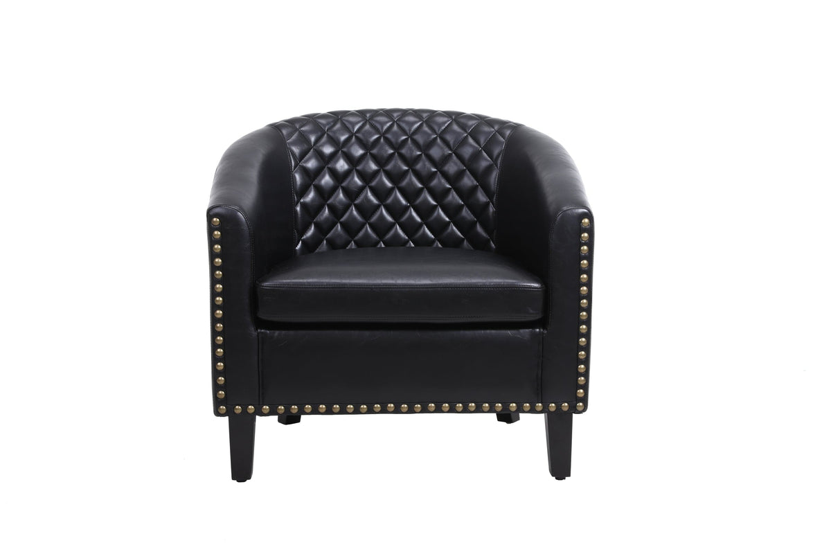 THE FURNITURE CO. Accent Chair Black Leather Barrel Accent Chair With Nailheads &amp; Solid Wood Legs