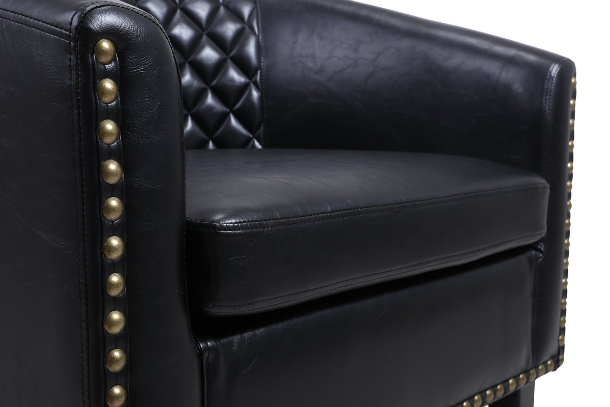 THE FURNITURE CO. Accent Chair Black Leather Barrel Accent Chair With Nailheads &amp; Solid Wood Legs