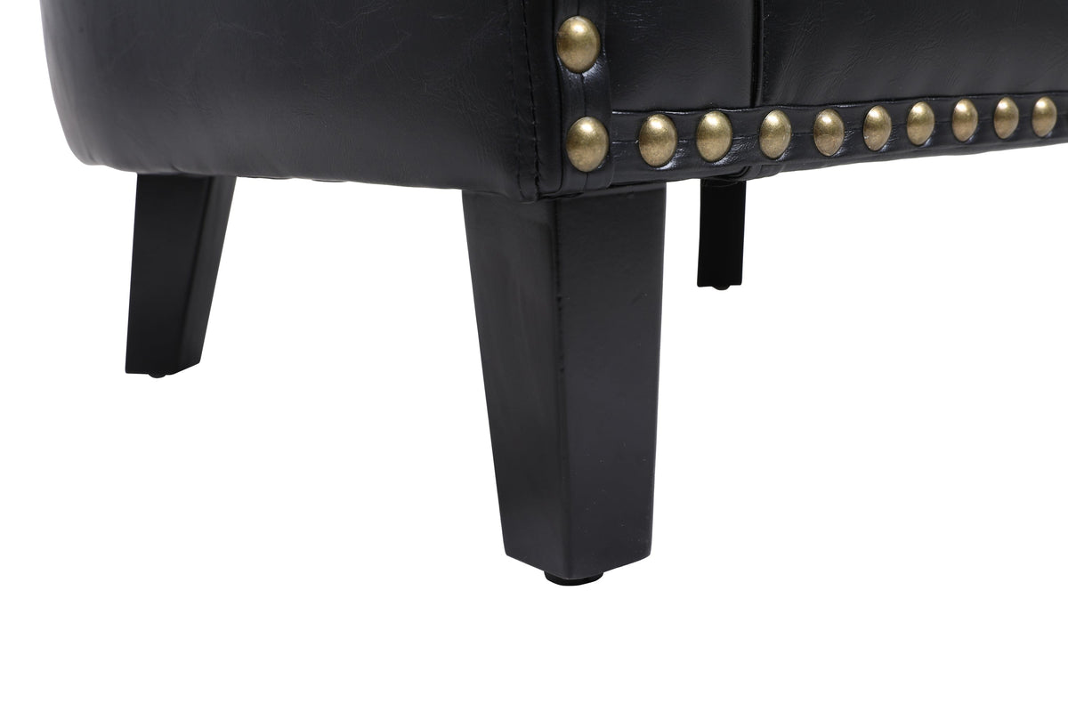 THE FURNITURE CO. Accent Chair Black Leather Barrel Accent Chair With Nailheads &amp; Solid Wood Legs