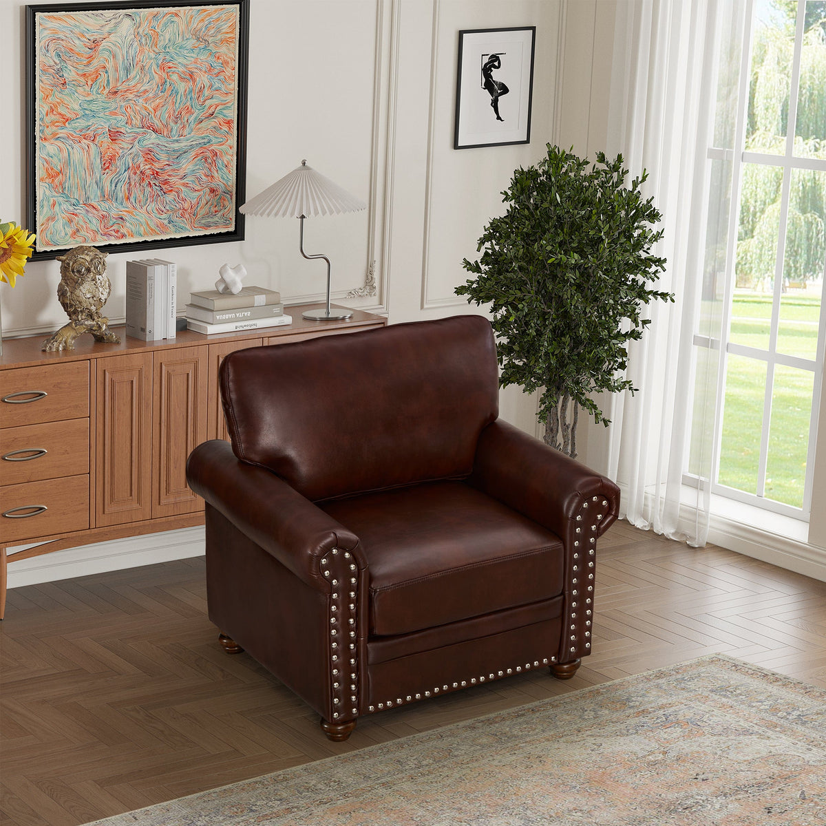 THE FURNITURE CO. Accent Chair Burgundy Faux Leather Single Seat Sofa with Wooden Legs