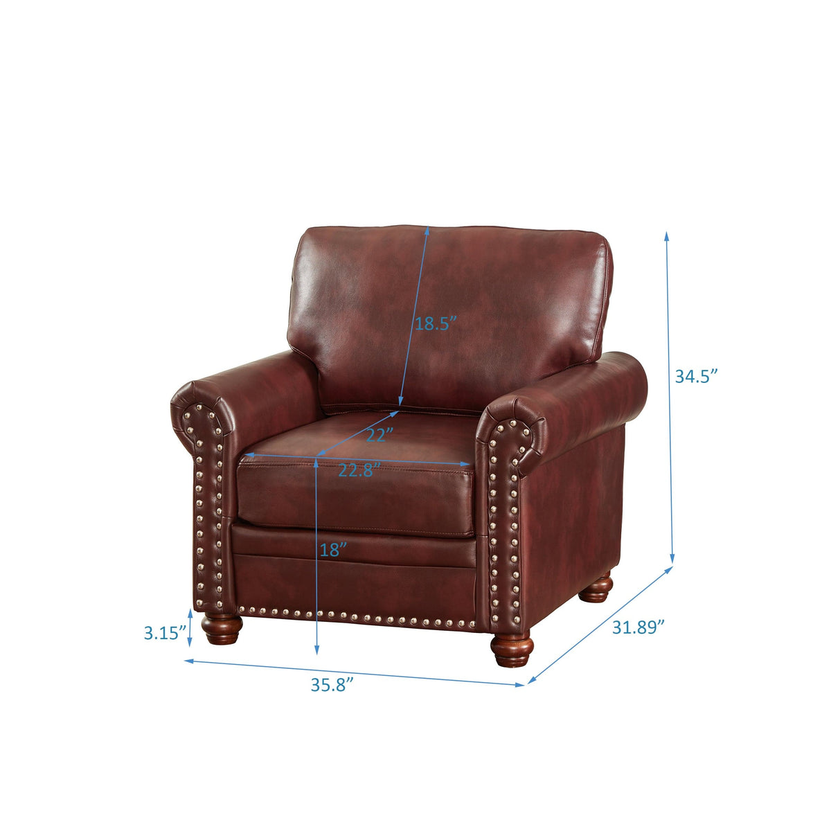 THE FURNITURE CO. Accent Chair Burgundy Faux Leather Single Seat Sofa with Wooden Legs