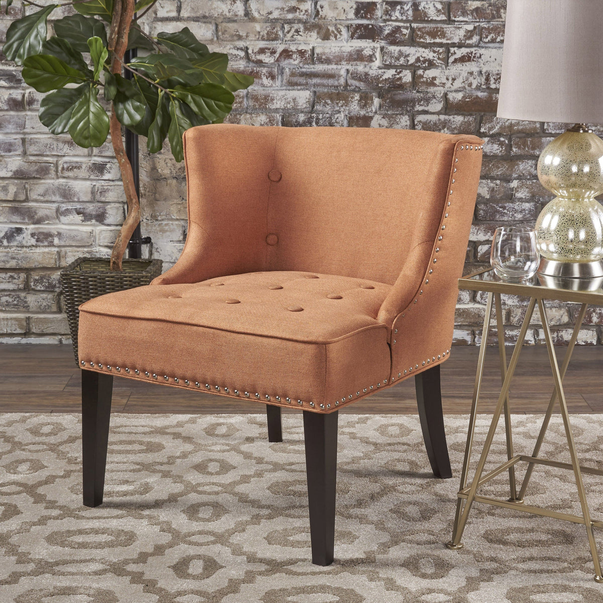 THE FURNITURE CO. Accent Chair Button-Tufted Waffle Stitch Accent Chair In Orange Fabric