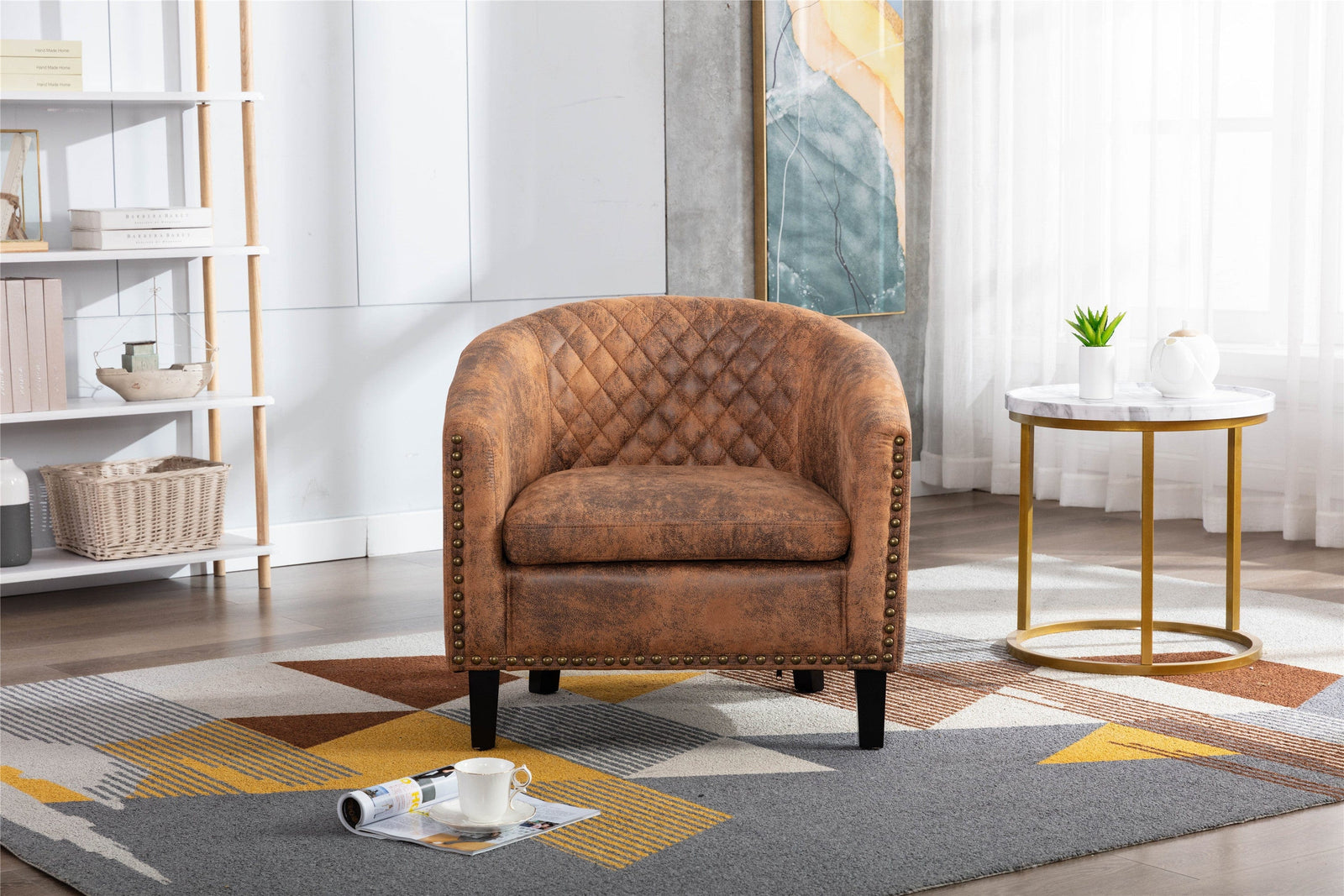 THE FURNITURE CO. Accent Chair Coffee Microfiber Barrel Accent Chair With Nailheads & Solid Wood Legs