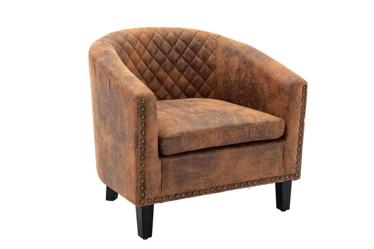 THE FURNITURE CO. Accent Chair Coffee Microfiber Barrel Accent Chair With Nailheads &amp; Solid Wood Legs
