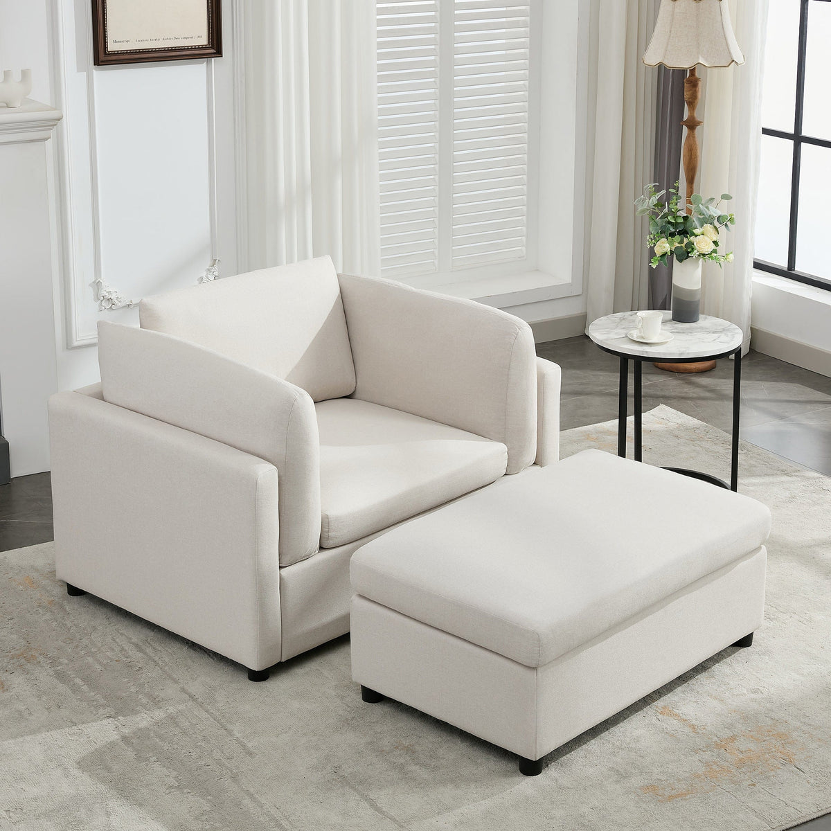 THE FURNITURE CO. Accent Chair Cream Linen Oversized Armchair with Ottoman