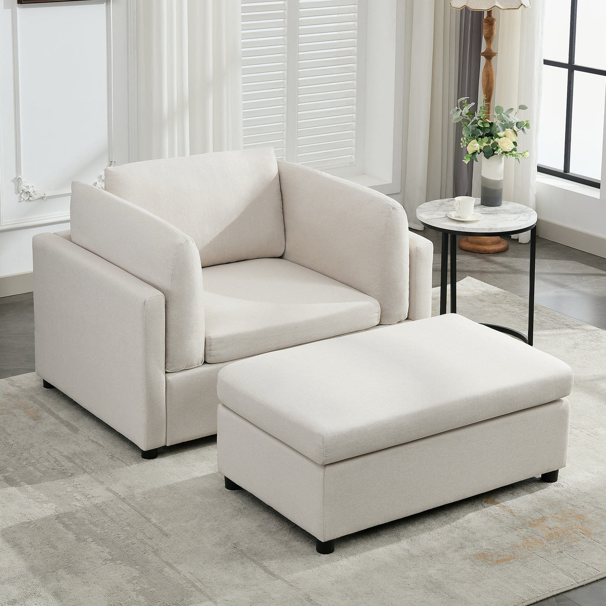 THE FURNITURE CO. Accent Chair Cream Linen Oversized Armchair with Ottoman