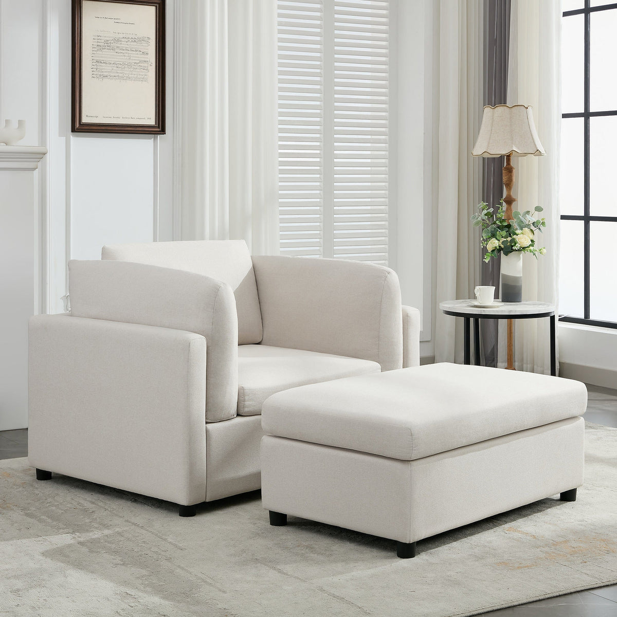 THE FURNITURE CO. Accent Chair Cream Linen Oversized Armchair with Ottoman
