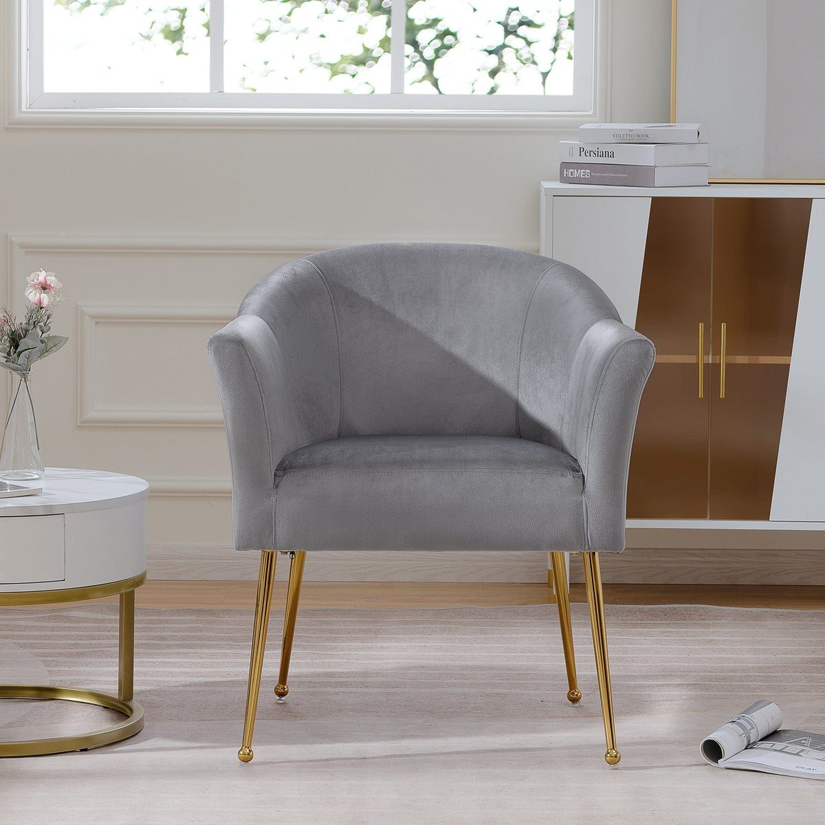 THE FURNITURE CO. Accent Chair Gray Italian Velvet Accent Chair with Gold Metal Legs