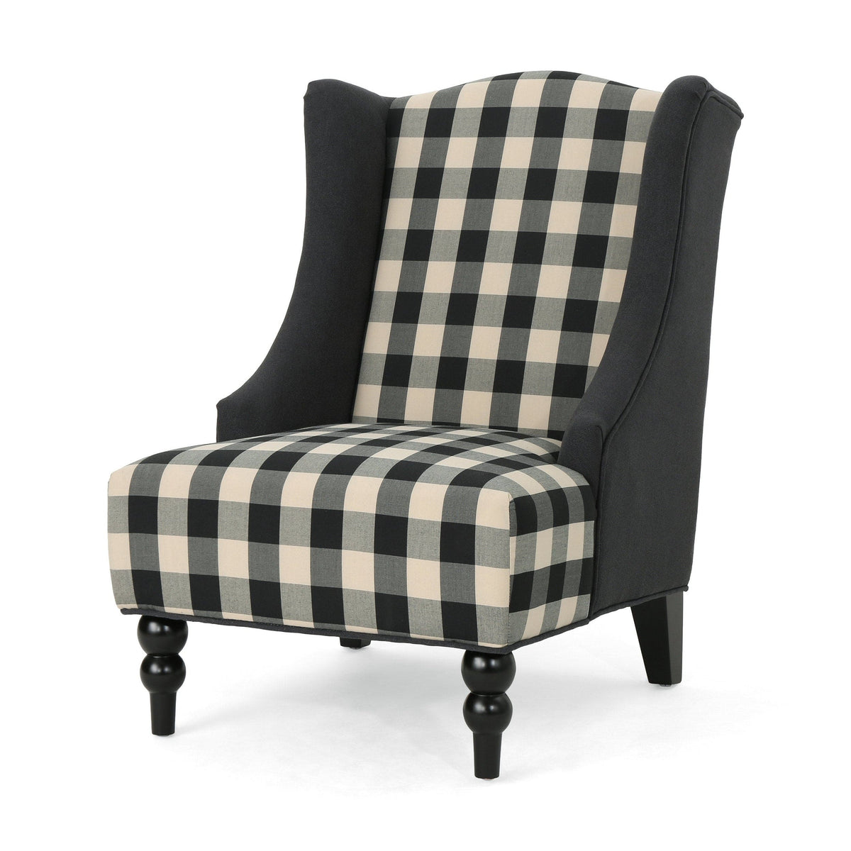 THE FURNITURE CO. Accent Chair High-Back Fabric Checkerboard Club Chair In Black  & Dark Charcoal
