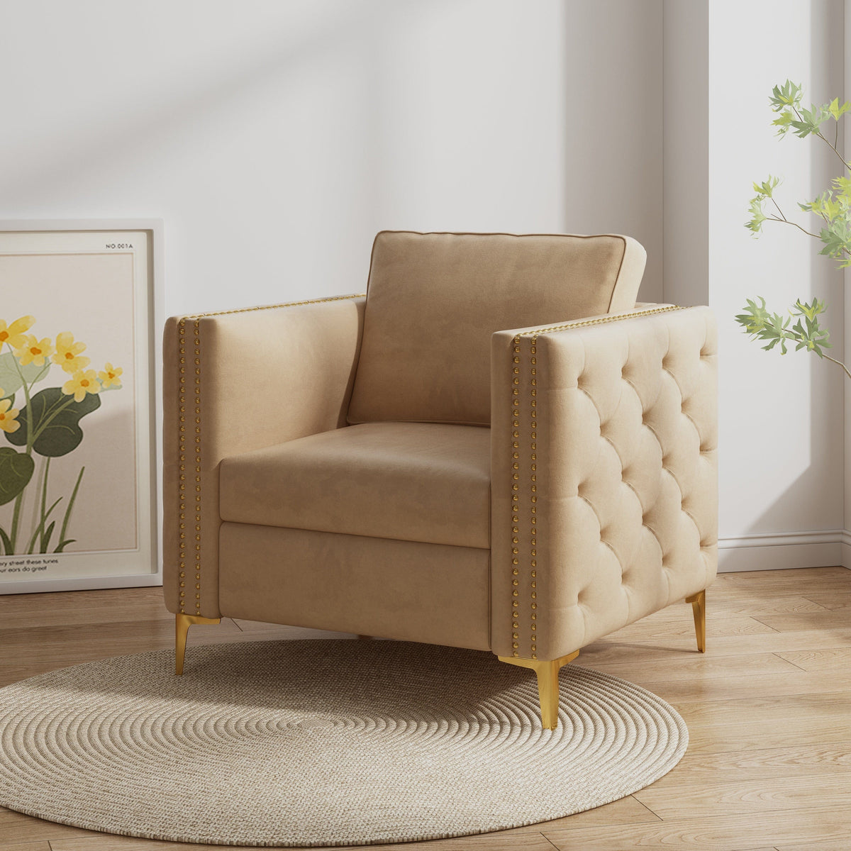 THE FURNITURE CO. Accent Chair Khaki Velvet Accent Chair With Gold Metal Legs