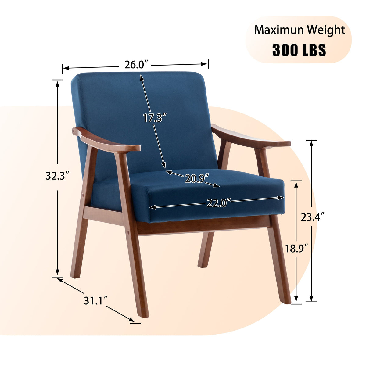 THE FURNITURE CO. Accent Chair Mid-Century Modern Accent Chair With Solid Wood Frame &amp; Extra-Thick Backrest