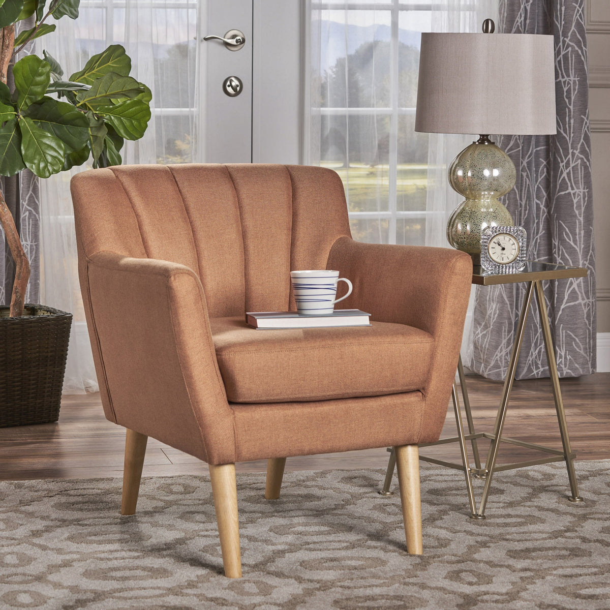 THE FURNITURE CO. Accent Chair Mid-Century Modern Fabric Club Chair In Neutral Orange
