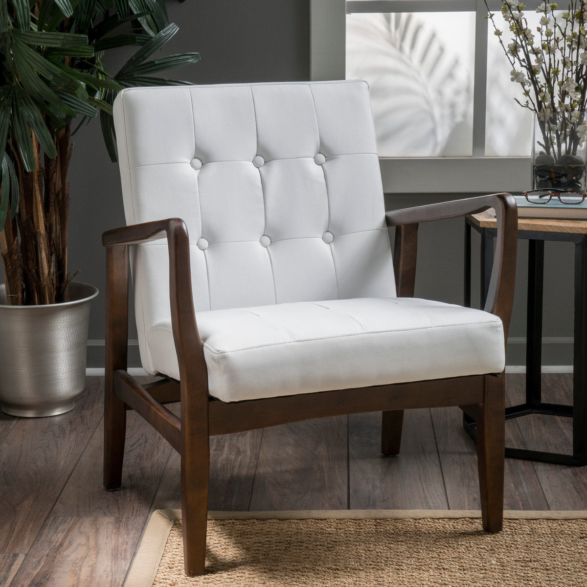 THE FURNITURE CO. Accent Chair Mid Century Modern Faux Leather Club Chair With Birch Wood Frame