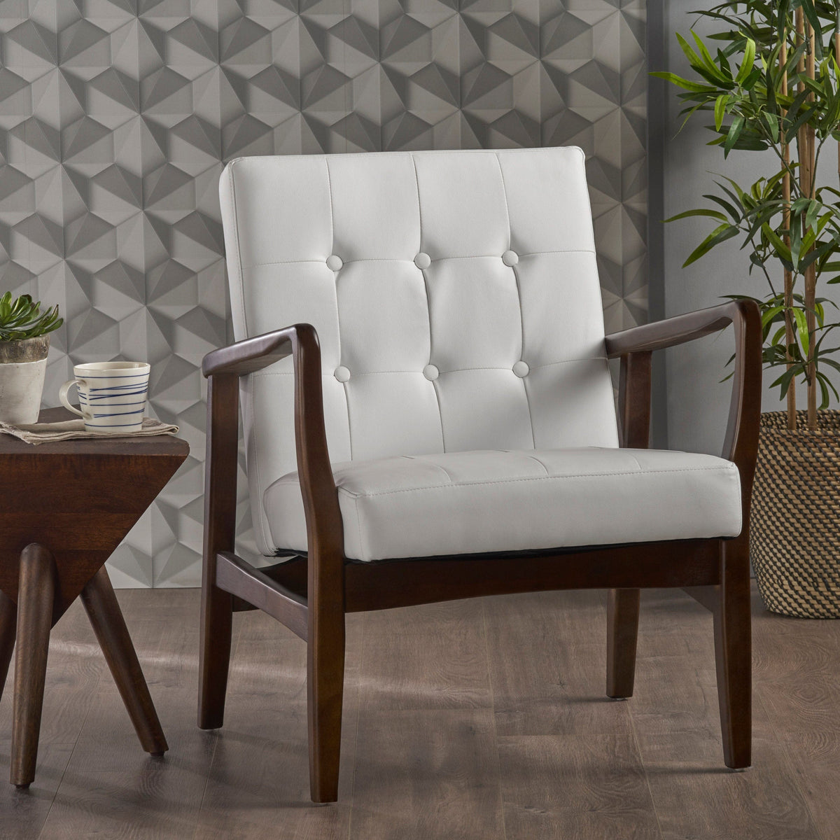 THE FURNITURE CO. Accent Chair Mid Century Modern Faux Leather Club Chair With Birch Wood Frame