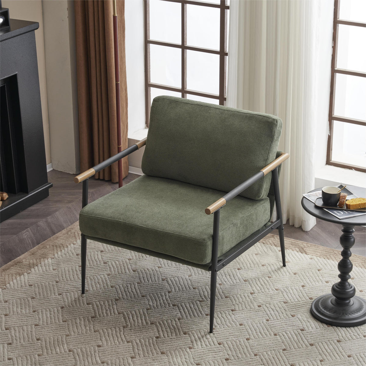THE FURNITURE CO. Accent Chair Mid Century Modern Upholstered Lounge Chair In Green Chenille