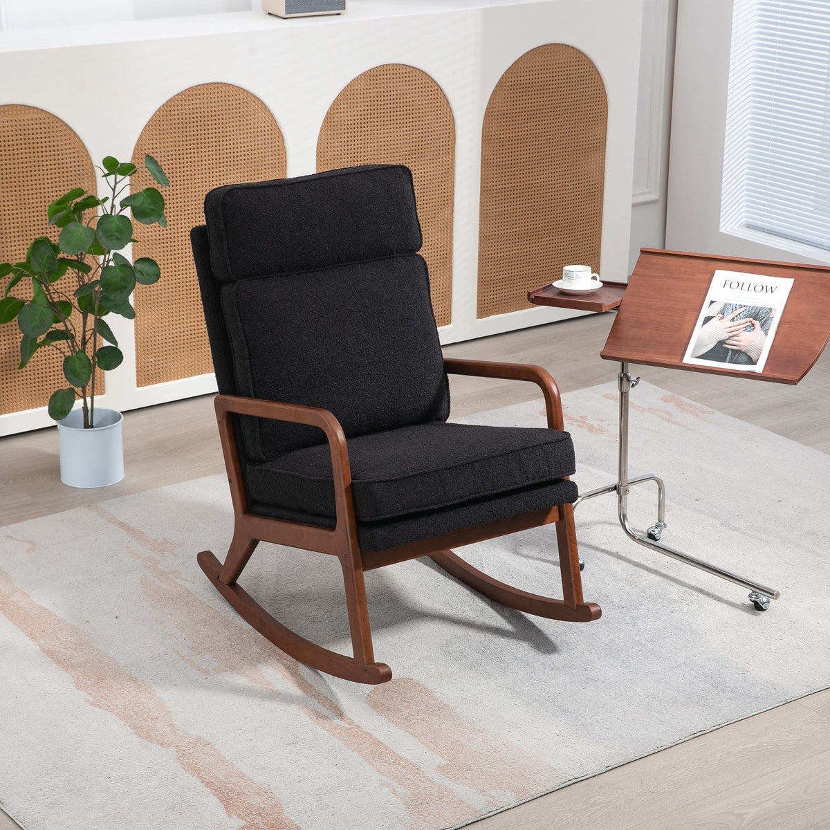 THE FURNITURE CO. Accent Chair Modern Black Boucle 2-in-1 Convertible Rocking Chair