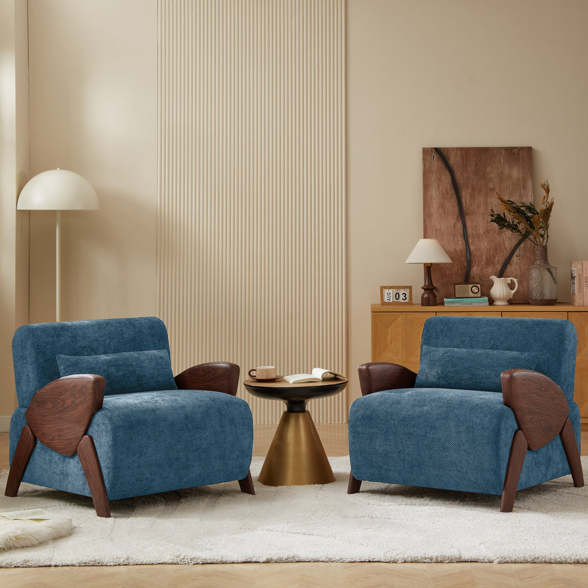 THE FURNITURE CO. Accent Chair Modern Blue Plush Chenille Accent Armchair With Marbled Armrests