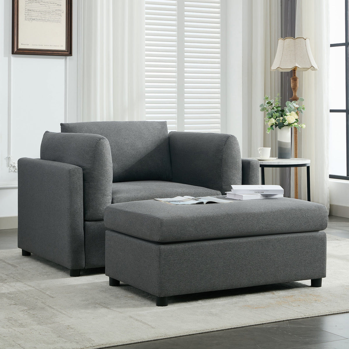 THE FURNITURE CO. Accent Chair Modern Dark Gray Oversized Armchair with Ottoman
