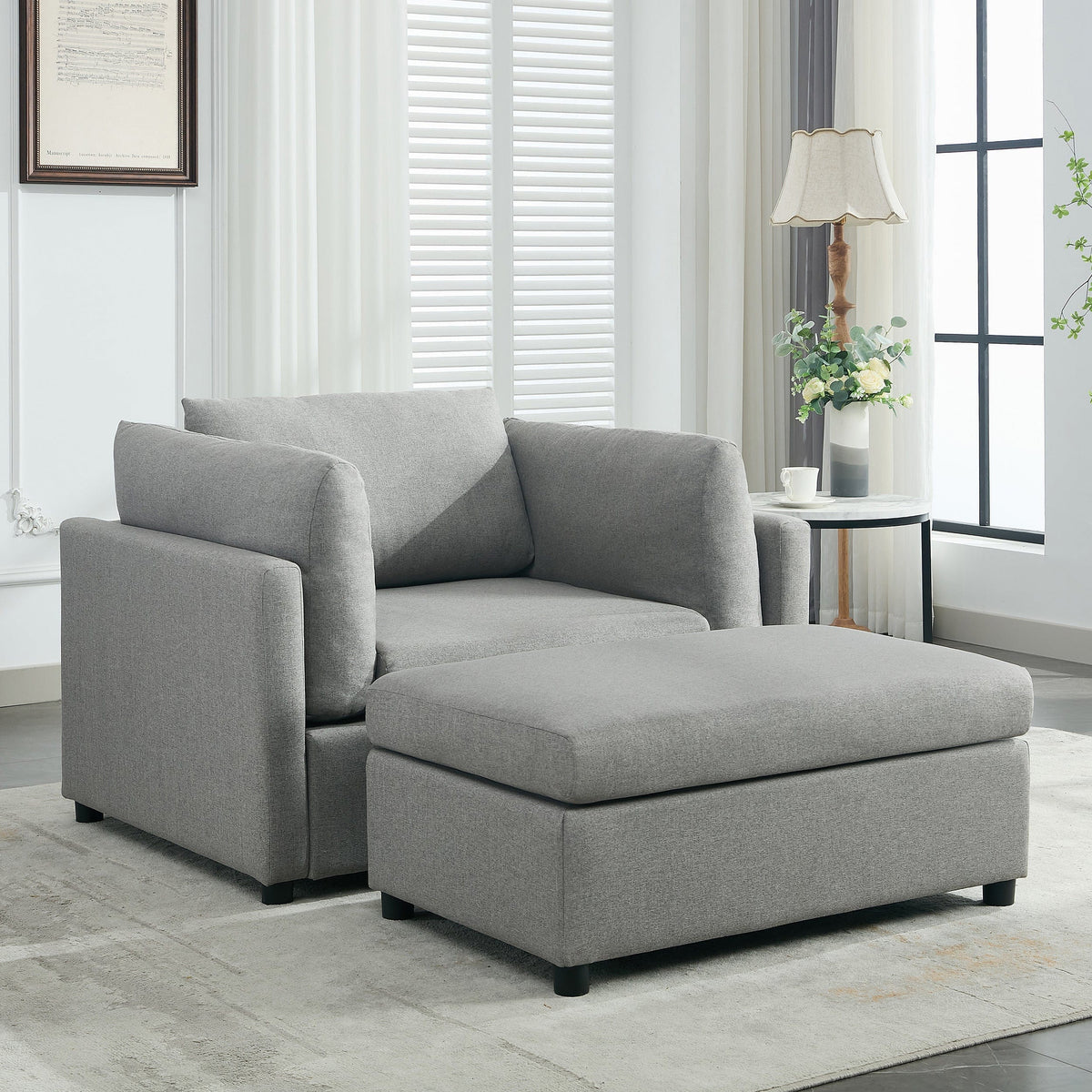 THE FURNITURE CO. Accent Chair Modern Light Gray Oversized Armchair with Ottoman