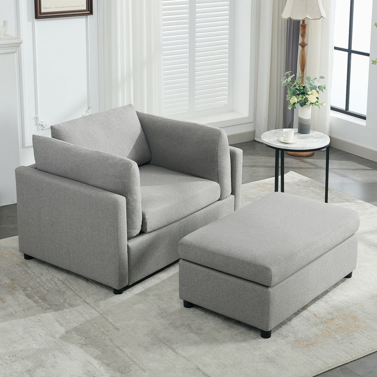 THE FURNITURE CO. Accent Chair Modern Light Gray Oversized Armchair with Ottoman