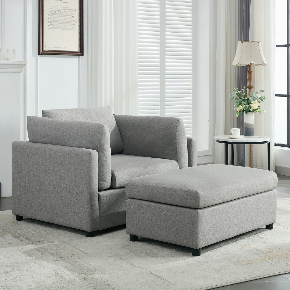 THE FURNITURE CO. Accent Chair Modern Light Gray Oversized Armchair with Ottoman