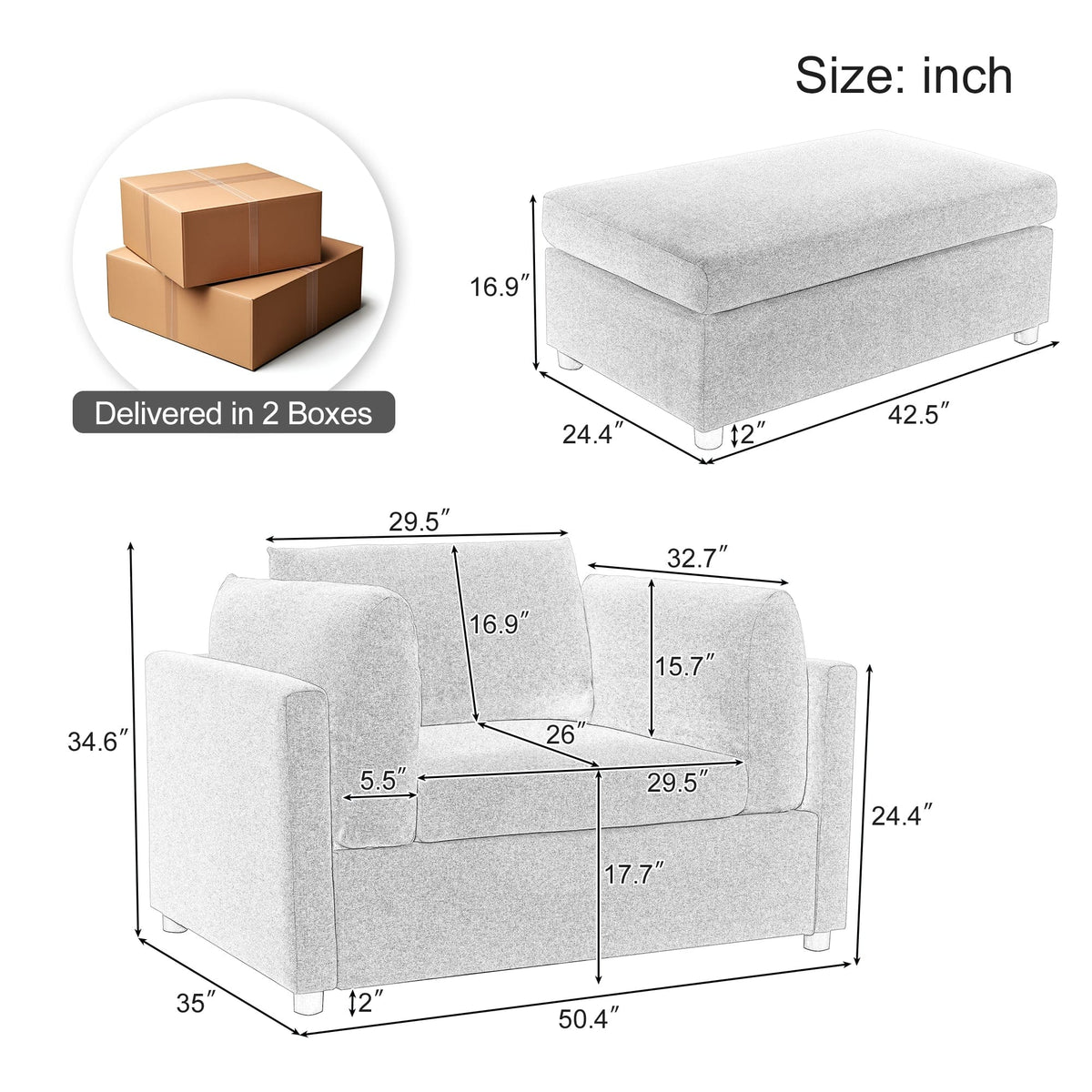 THE FURNITURE CO. Accent Chair Modern Light Gray Oversized Armchair with Ottoman