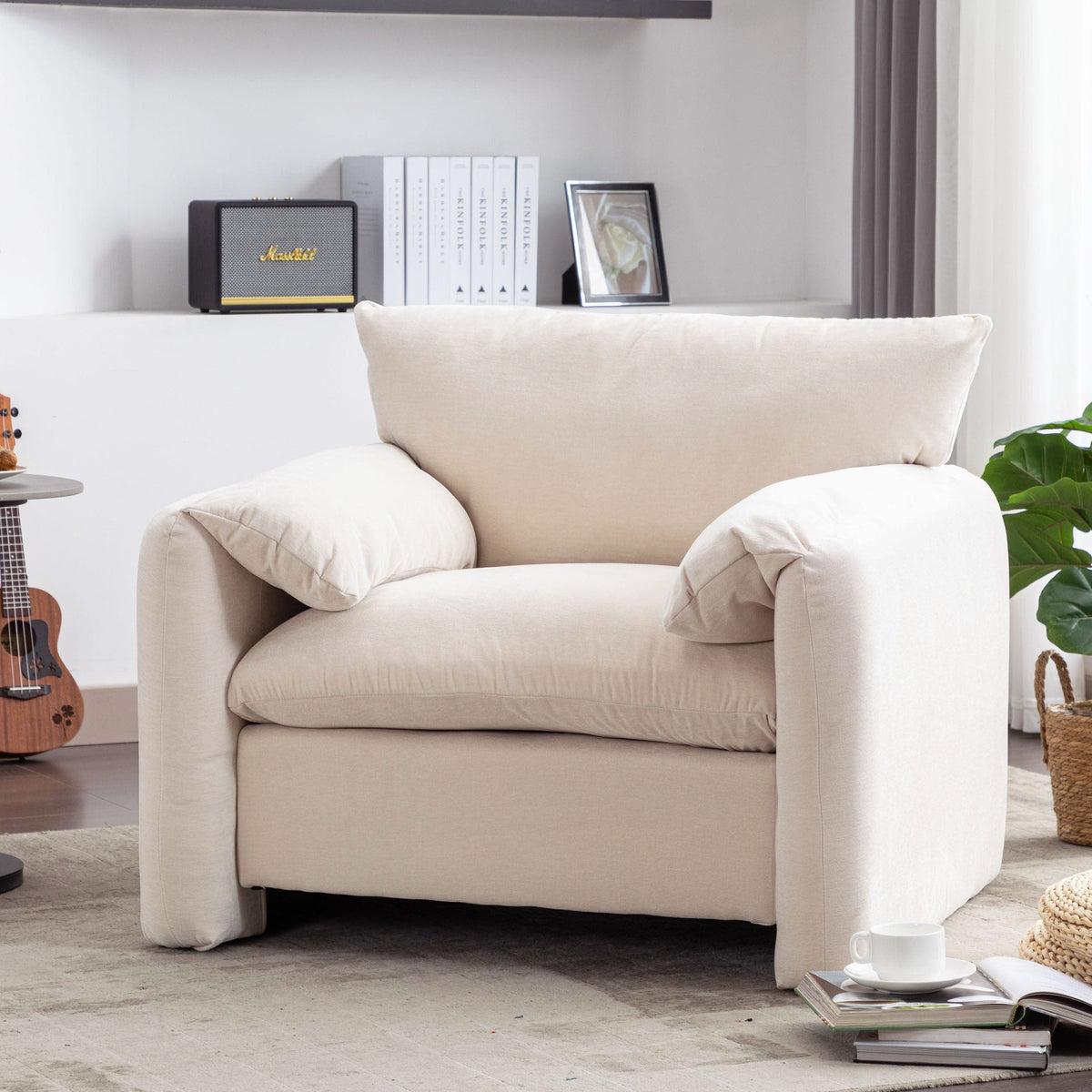 THE FURNITURE CO. Accent Chair Modern Oversized Armchair In Cream Chenille