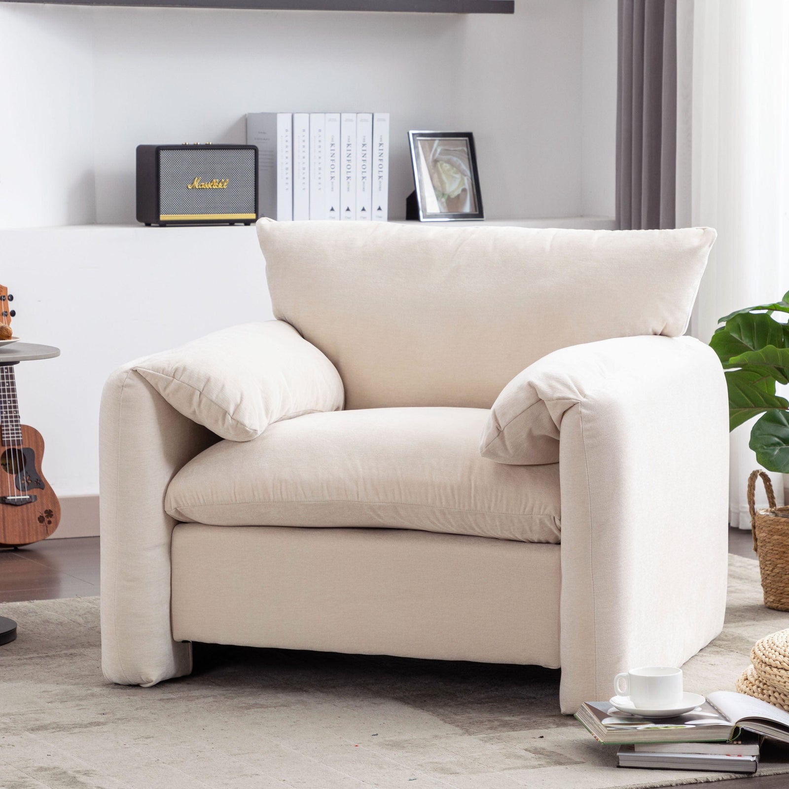 THE FURNITURE CO. Accent Chair Modern Oversized Armchair In Cream Chenille
