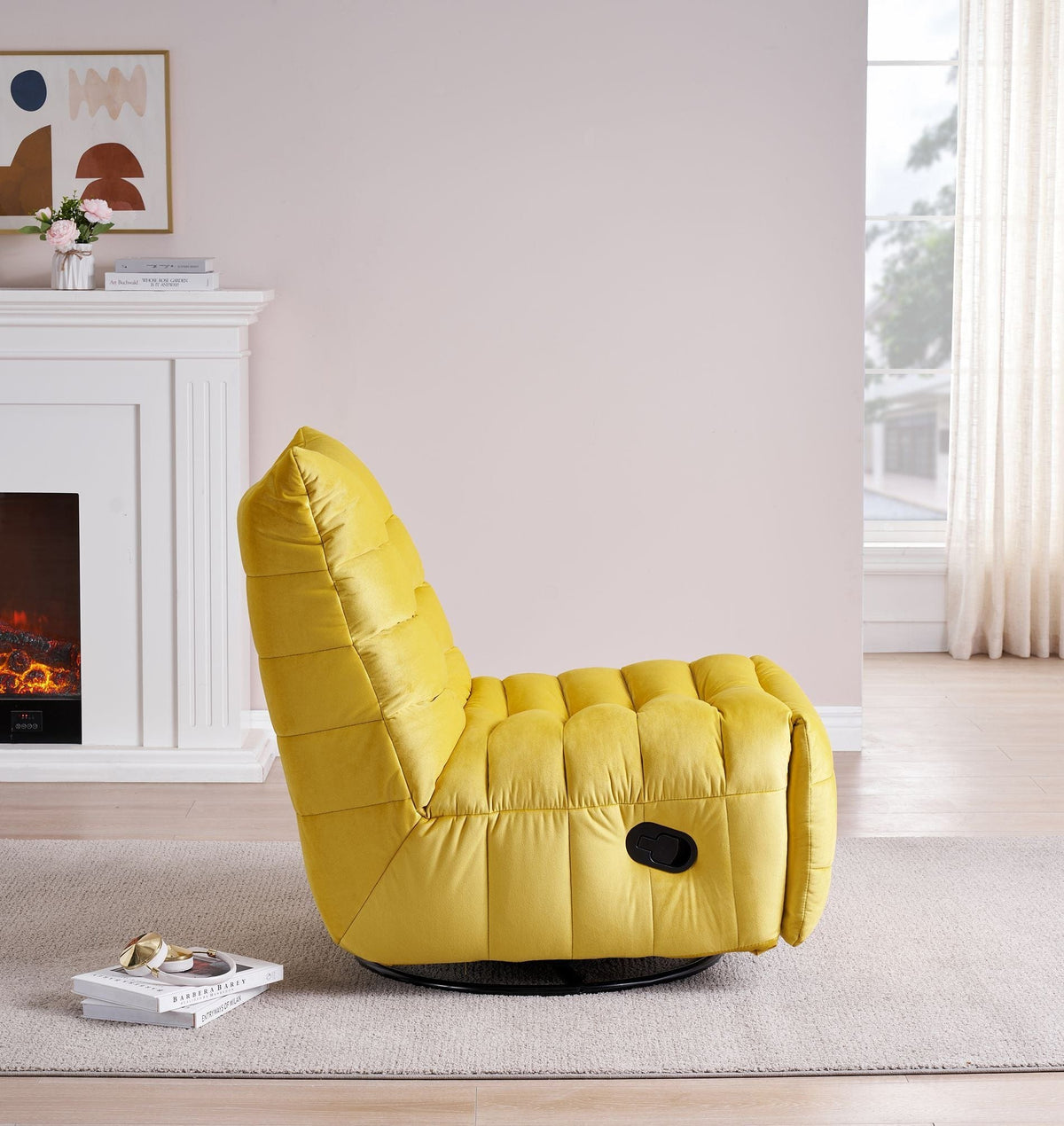 THE FURNITURE CO. Accent Chair Modern Rotatable Yellow Velvet Lazy Chair With Side Pocket