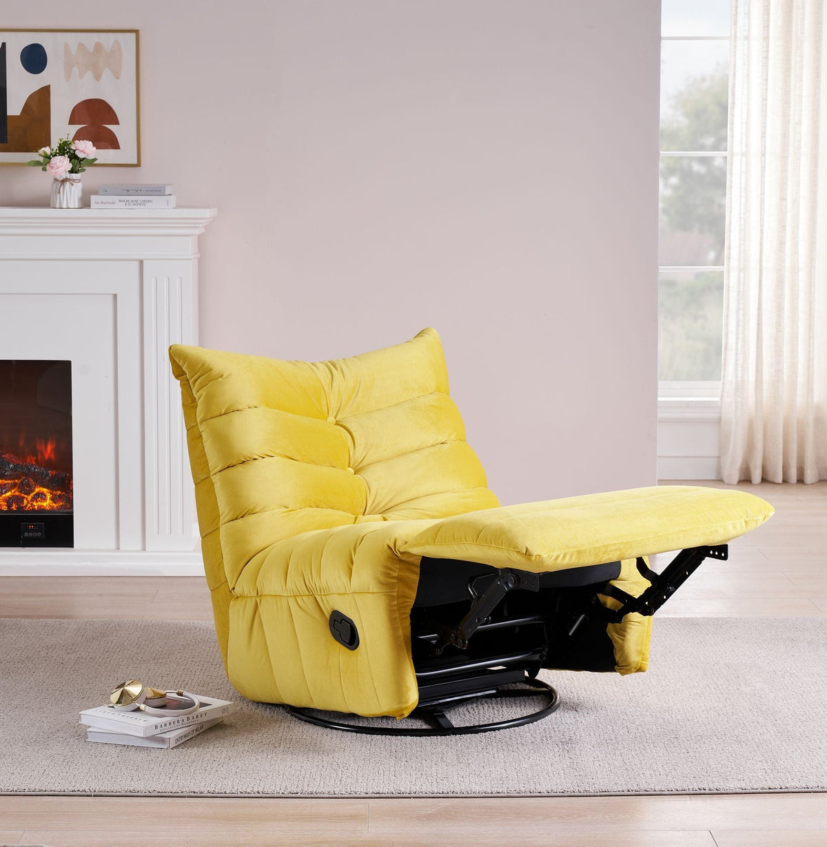 THE FURNITURE CO. Accent Chair Modern Rotatable Yellow Velvet Lazy Chair With Side Pocket