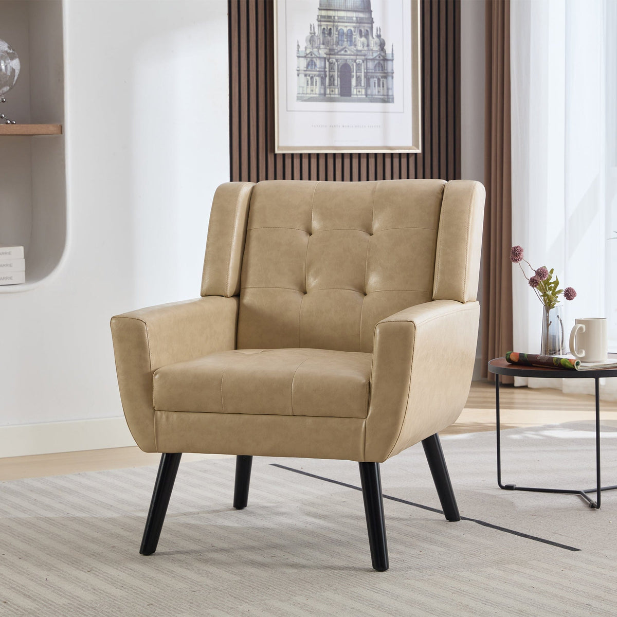 THE FURNITURE CO. Accent Chair Modern Soft Khaki Faux Leather Upholstered Accent Chair