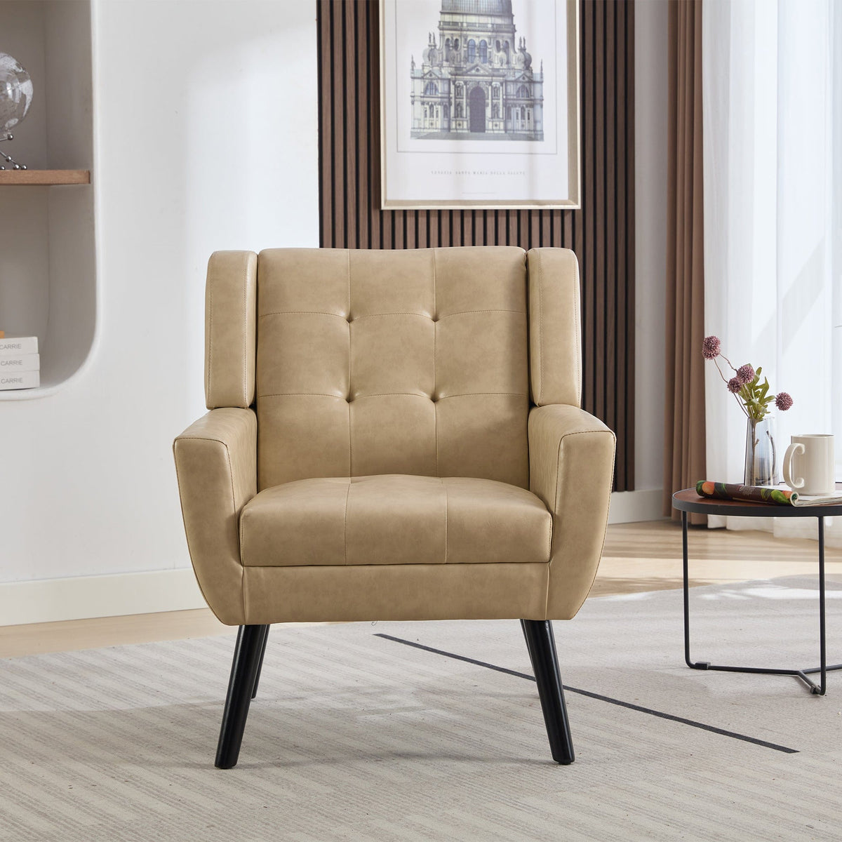 THE FURNITURE CO. Accent Chair Modern Soft Khaki Faux Leather Upholstered Accent Chair