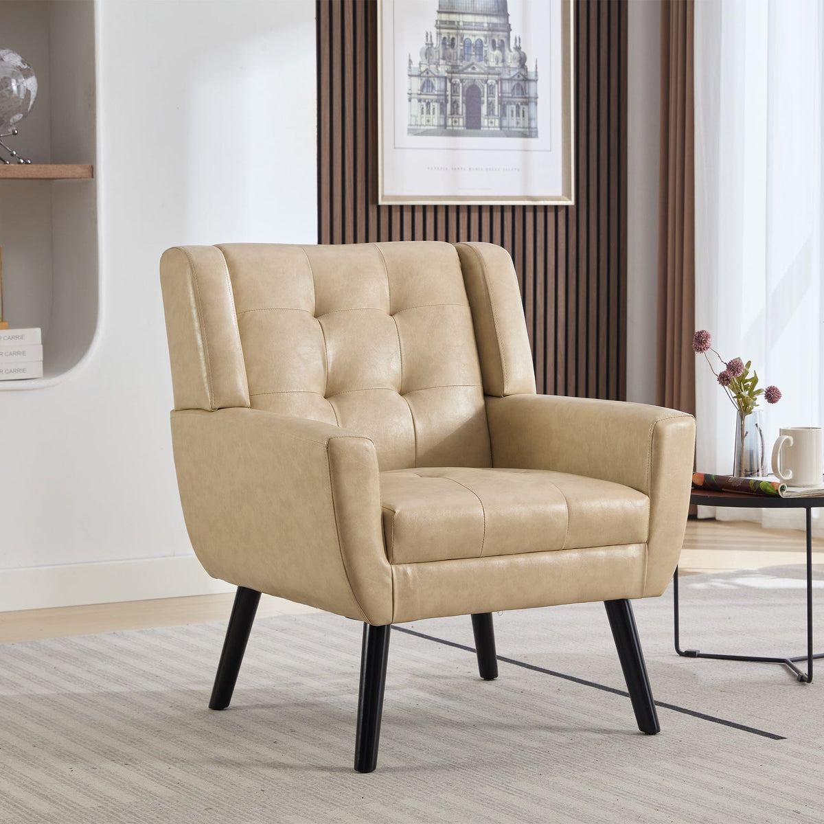 THE FURNITURE CO. Accent Chair Modern Soft Khaki Faux Leather Upholstered Accent Chair