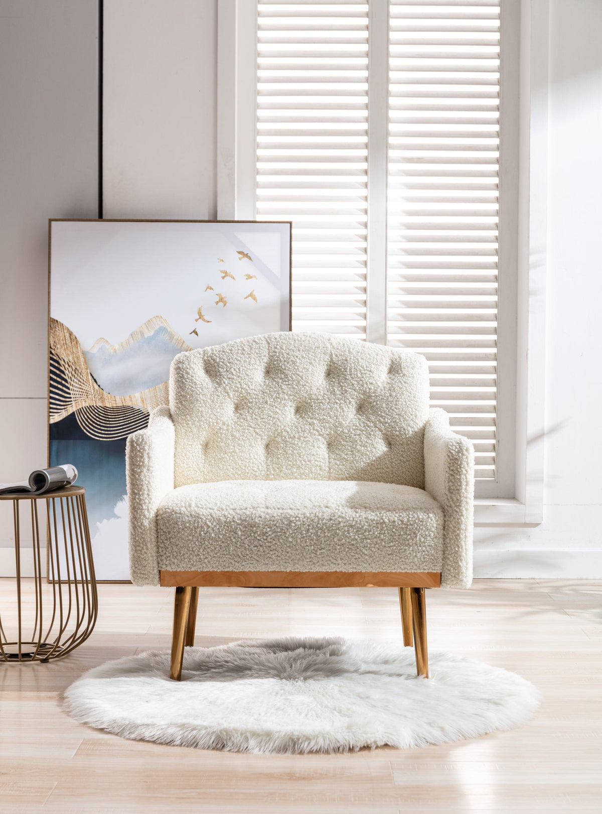 THE FURNITURE CO. Accent Chair Modern Tufted Fabric Accent Chair with Gold Legs in Cream Teddy