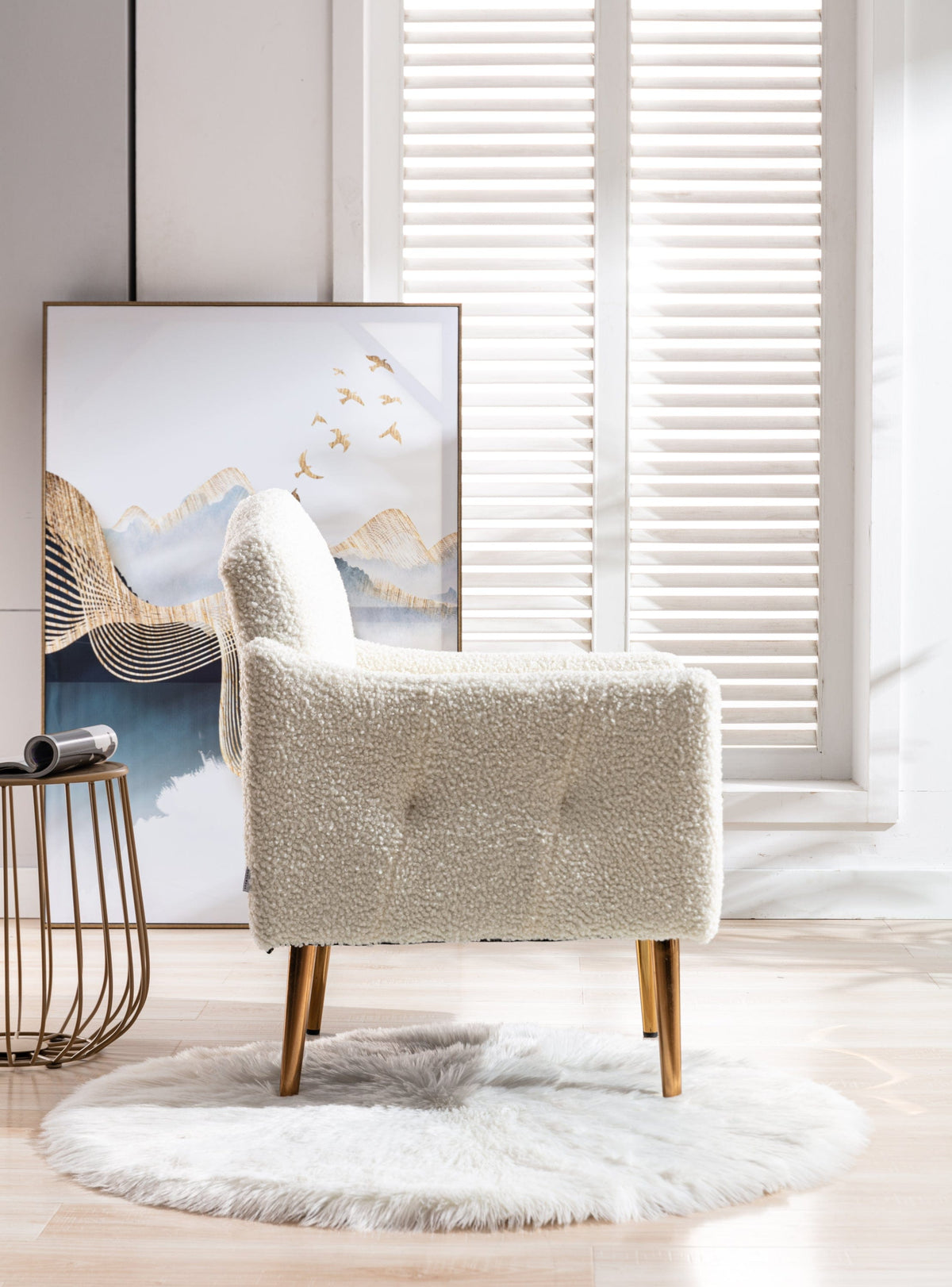 THE FURNITURE CO. Accent Chair Modern Tufted Fabric Accent Chair with Gold Legs in Cream Teddy