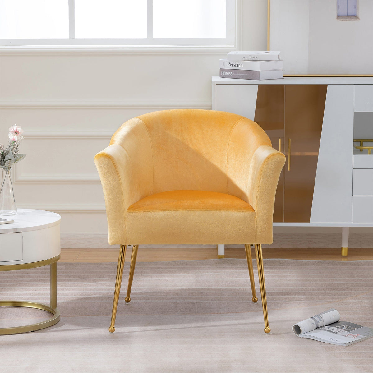 THE FURNITURE CO. Accent Chair Modern Yellow Italian Velvet Armchair with Gold Metal Legs