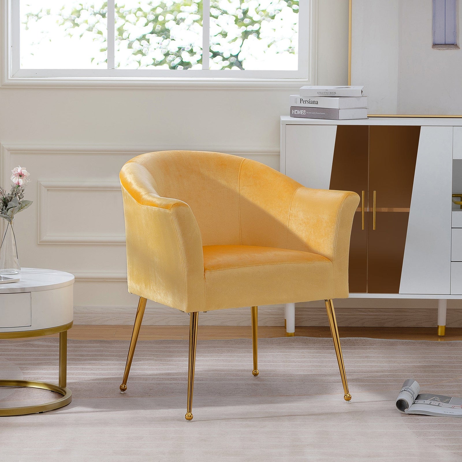 THE FURNITURE CO. Accent Chair Modern Yellow Italian Velvet Armchair with Gold Metal Legs