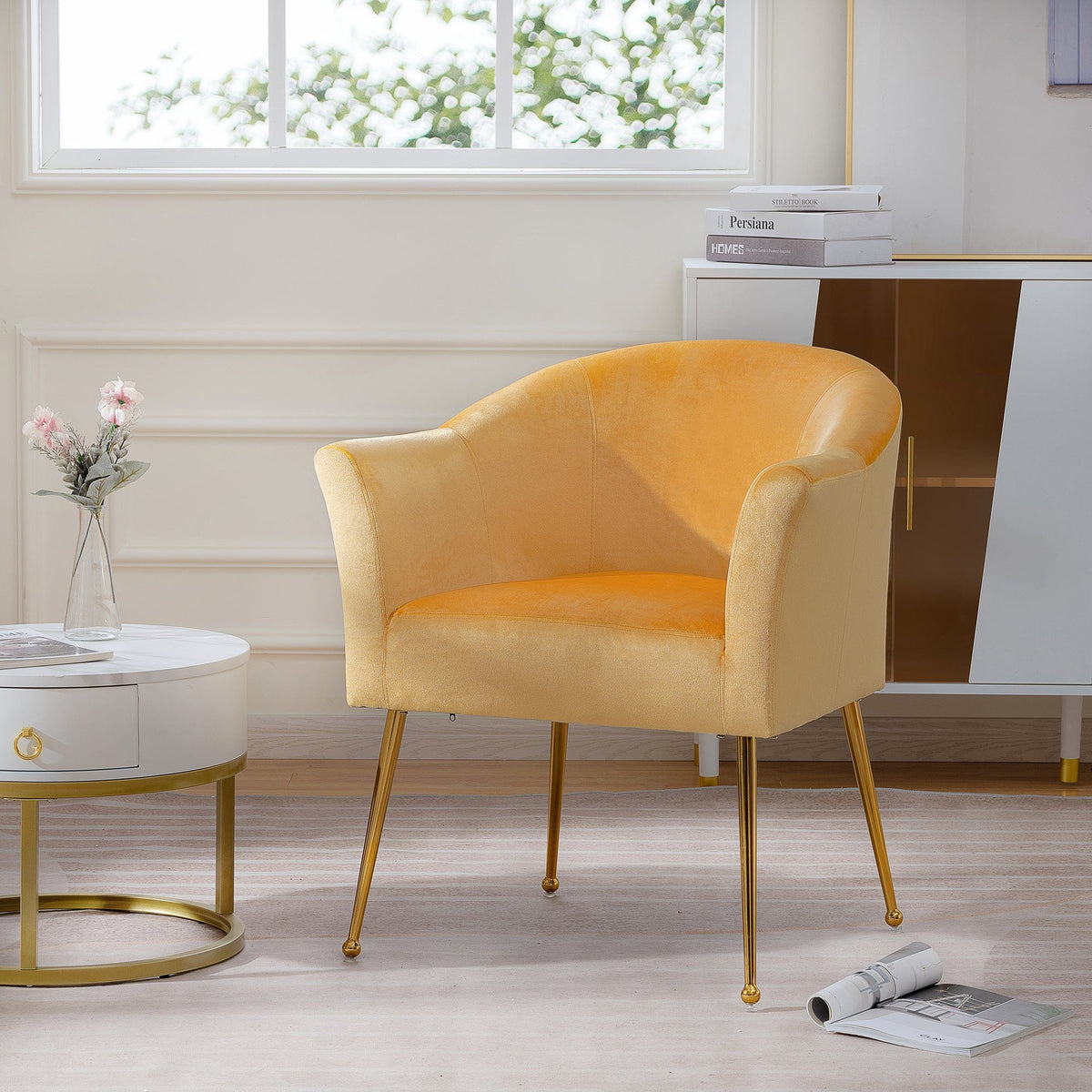 THE FURNITURE CO. Accent Chair Modern Yellow Italian Velvet Armchair with Gold Metal Legs