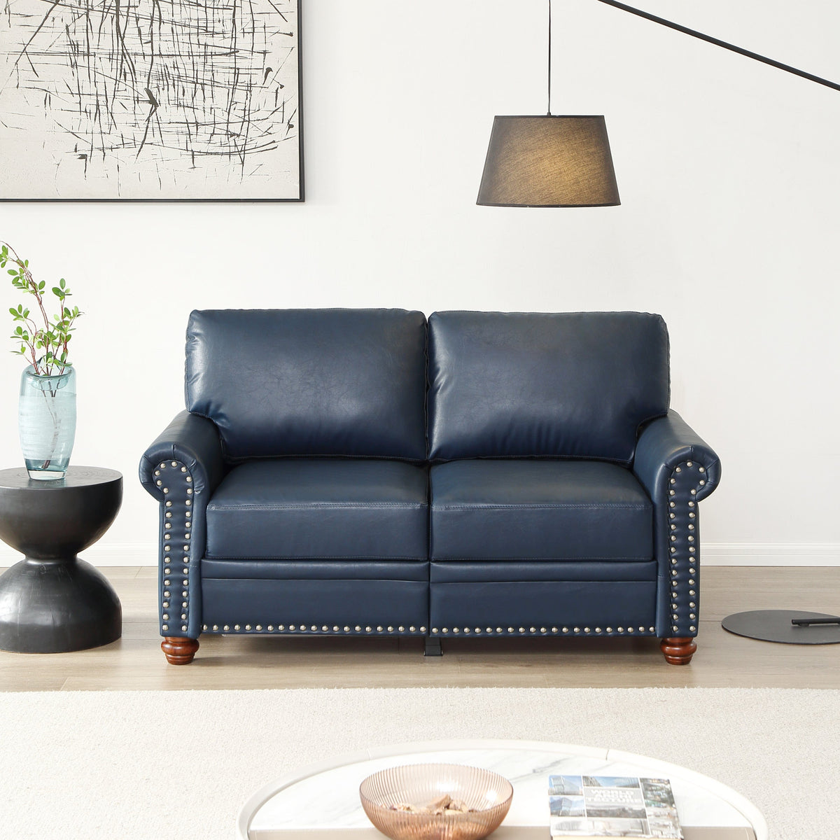 THE FURNITURE CO. Accent Chair Navy Blue Faux Leather Loveseat Chair