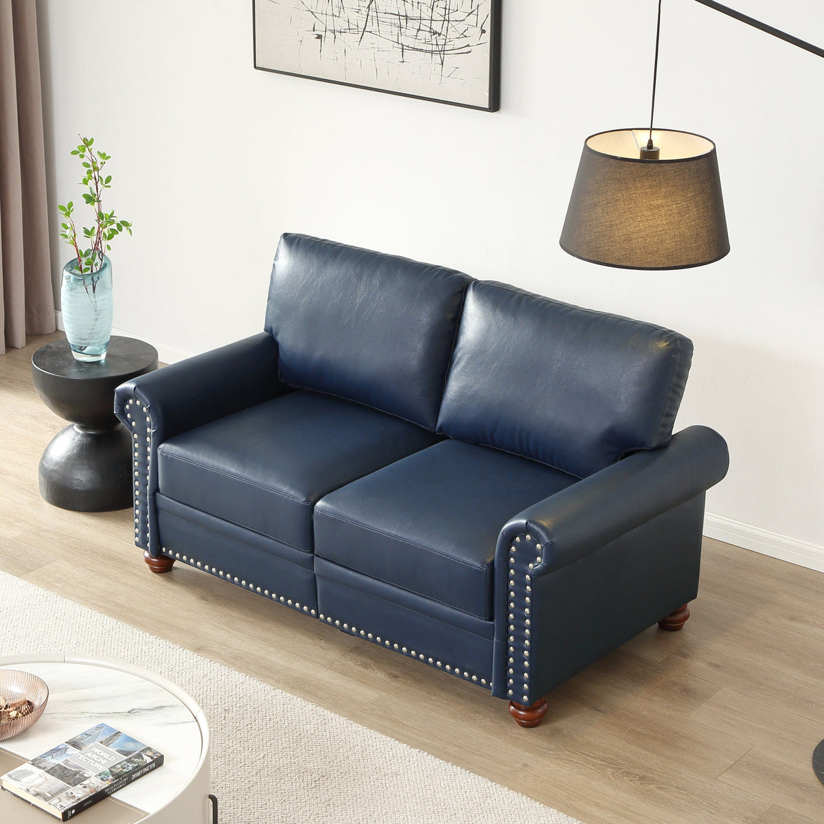 THE FURNITURE CO. Accent Chair Navy Blue Faux Leather Loveseat Chair