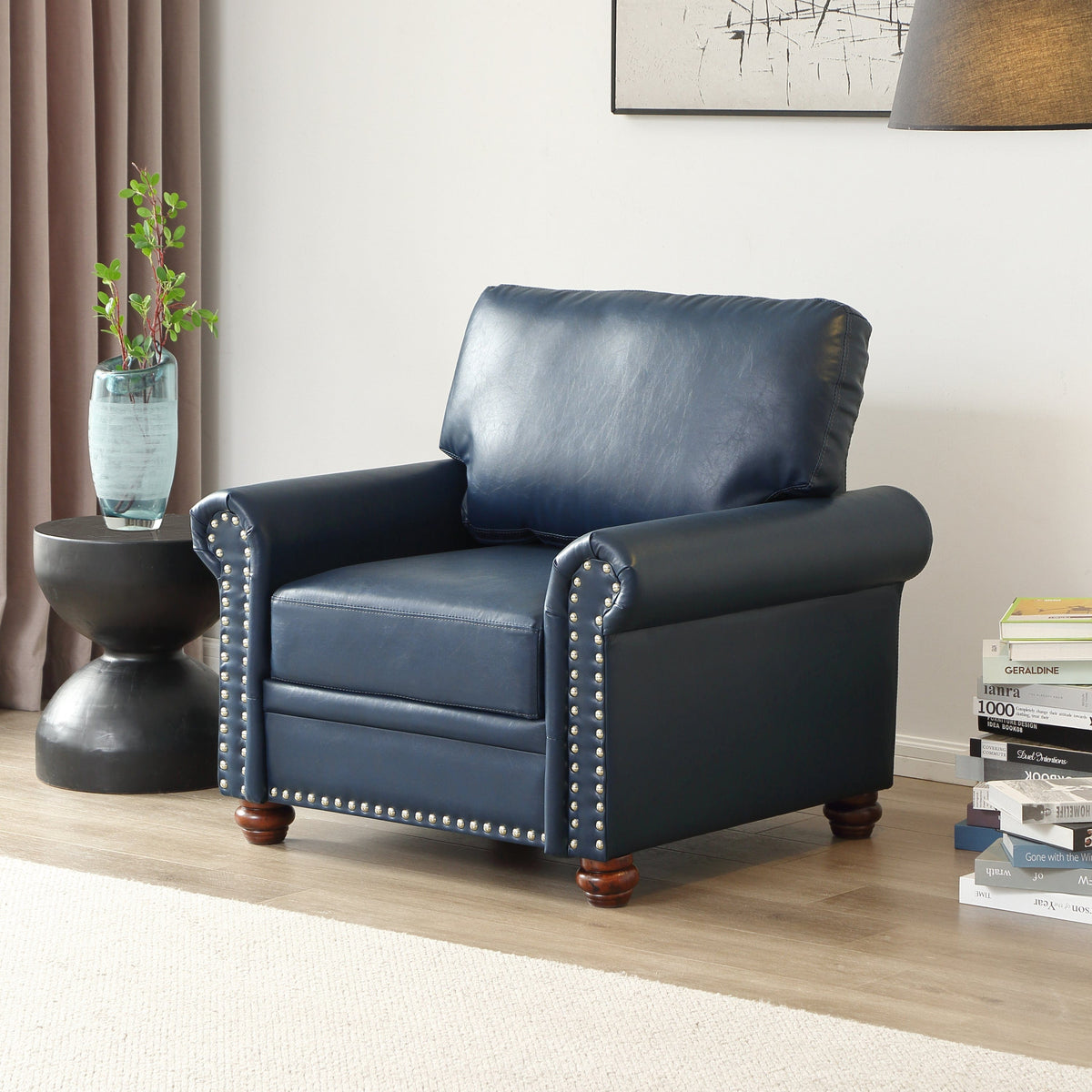 THE FURNITURE CO. Accent Chair Navy Blue Faux Leather Single Seat Chair with Wooden Legs
