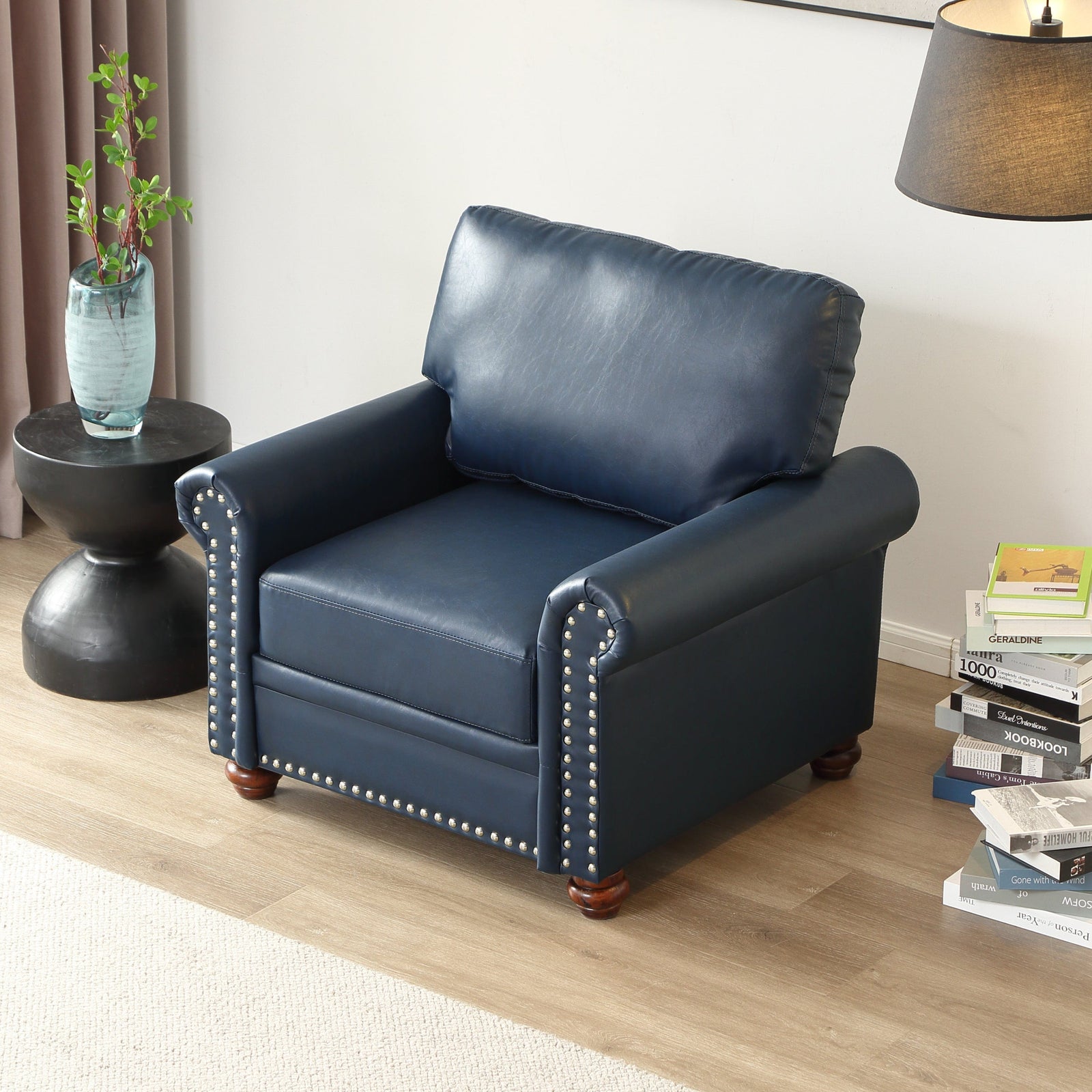 THE FURNITURE CO. Accent Chair Navy Blue Faux Leather Single Seat Chair with Wooden Legs