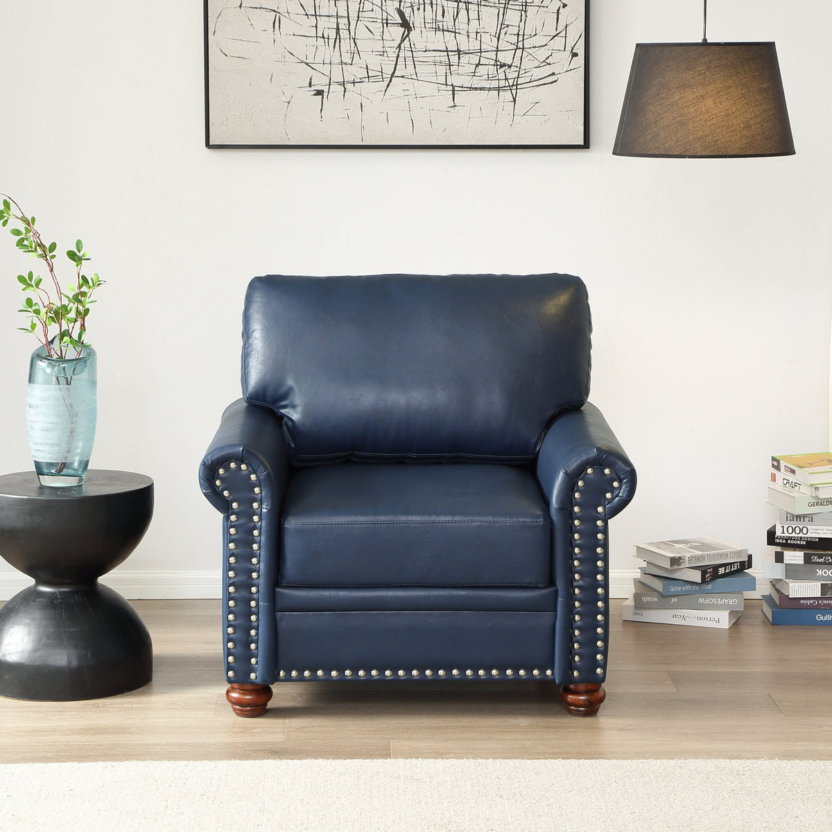 THE FURNITURE CO. Accent Chair Navy Blue Faux Leather Single Seat Chair with Wooden Legs