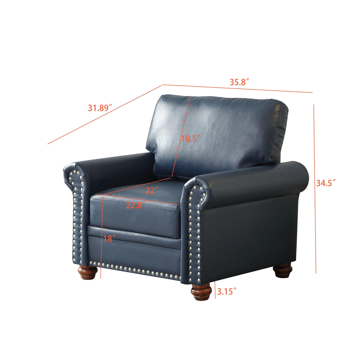 THE FURNITURE CO. Accent Chair Navy Blue Faux Leather Single Seat Chair with Wooden Legs