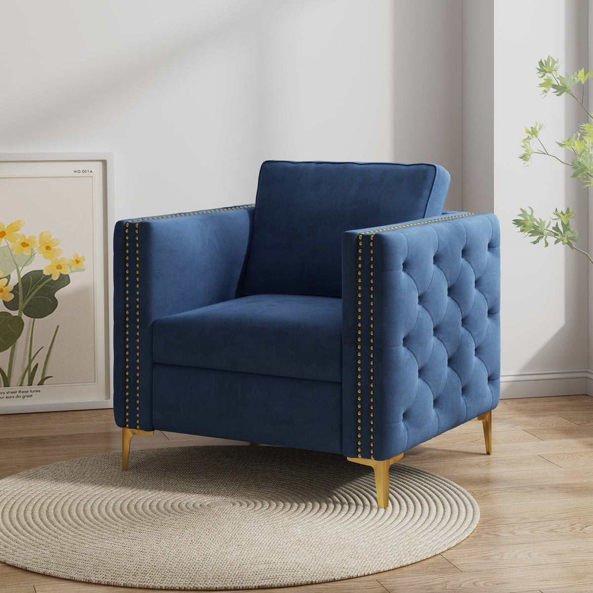 THE FURNITURE CO. Accent Chair Navy Blue Tufted Velvet Accent Chair With Gold Metal Legs