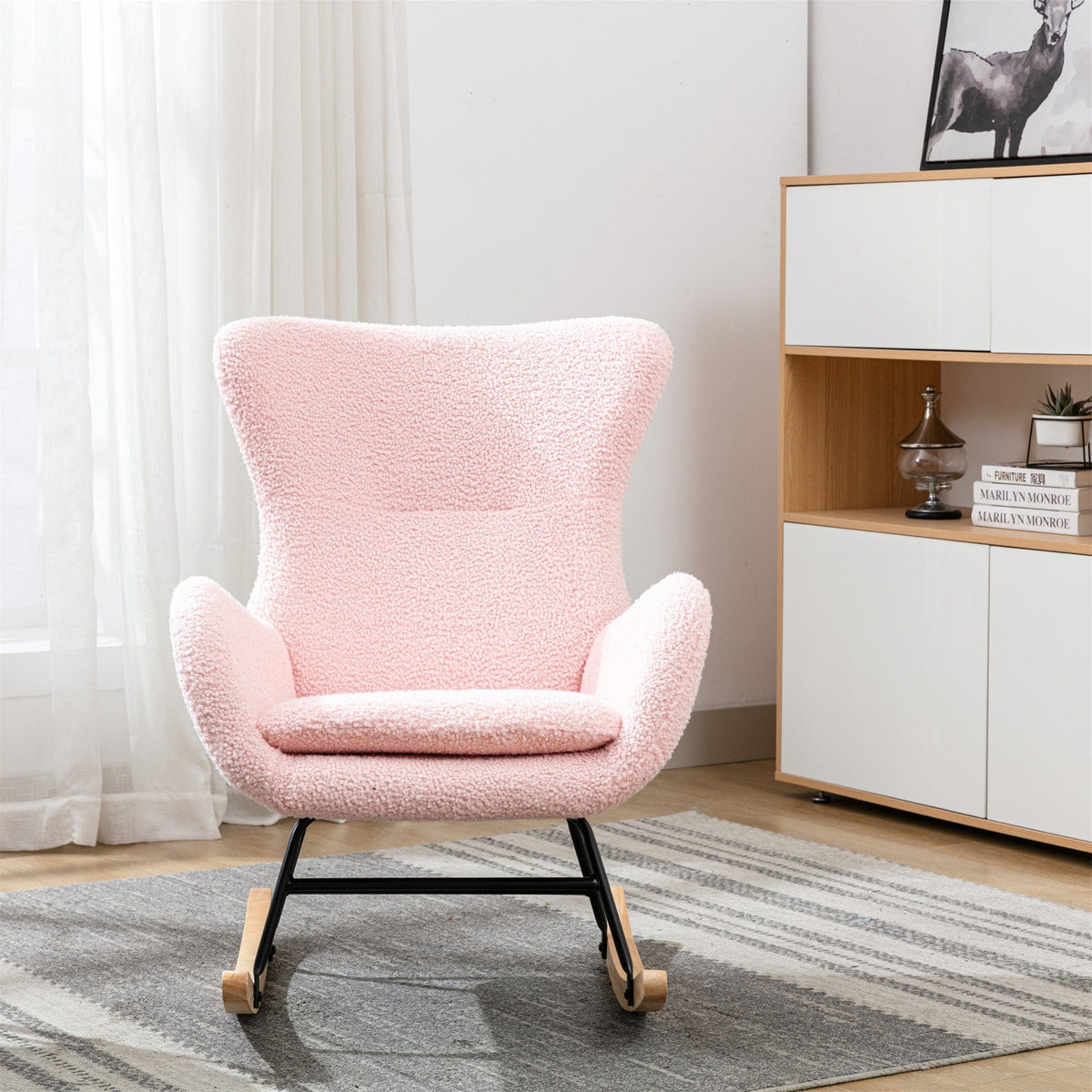 THE FURNITURE CO. Accent Chair Pink Teddy Fabric Rocking Chair
