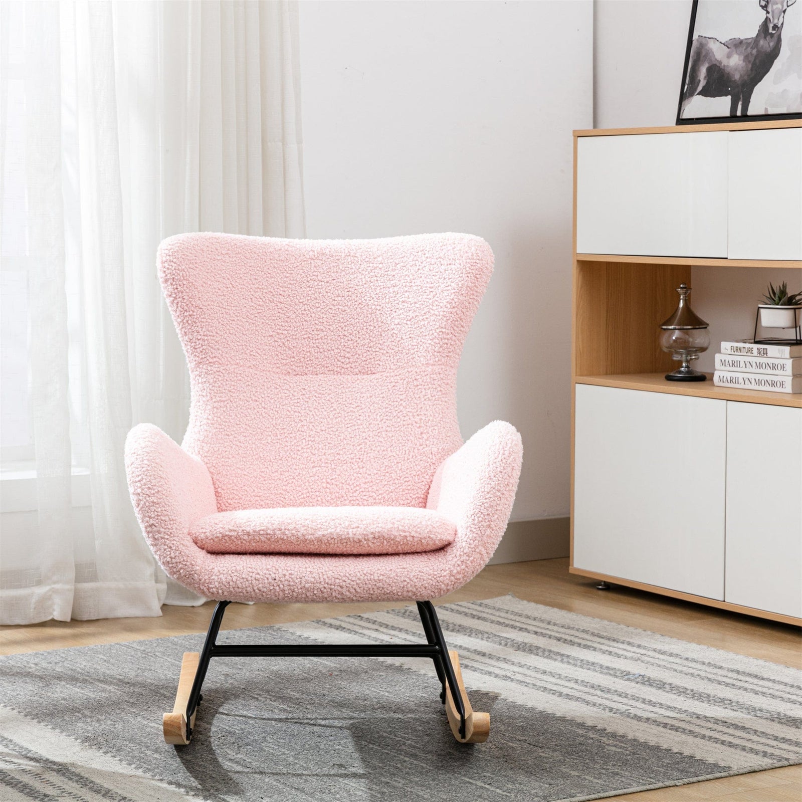 THE FURNITURE CO. Accent Chair Pink Teddy Fabric Rocking Chair