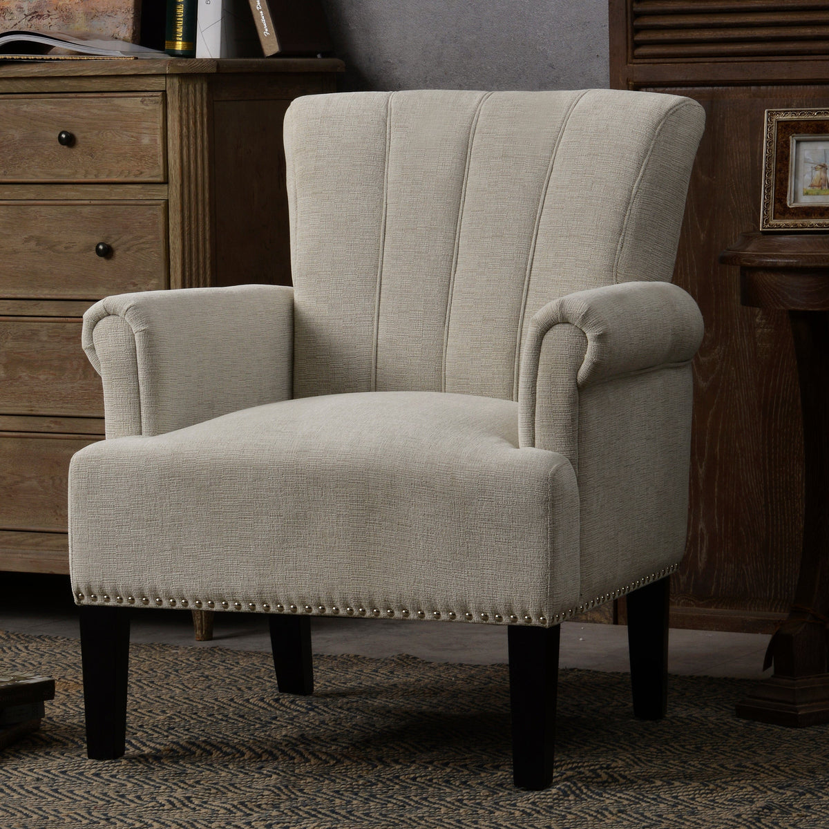 THE FURNITURE CO. Accent Chair Rivet Tufted Upholstered Armchair In Cream