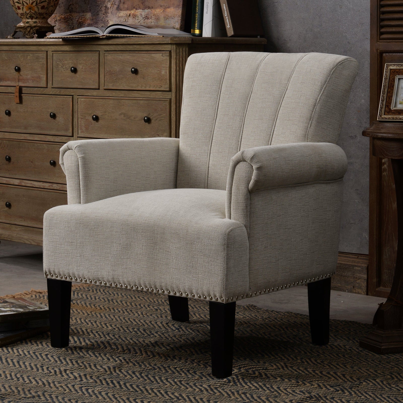 THE FURNITURE CO. Accent Chair Rivet Tufted Upholstered Armchair In Cream