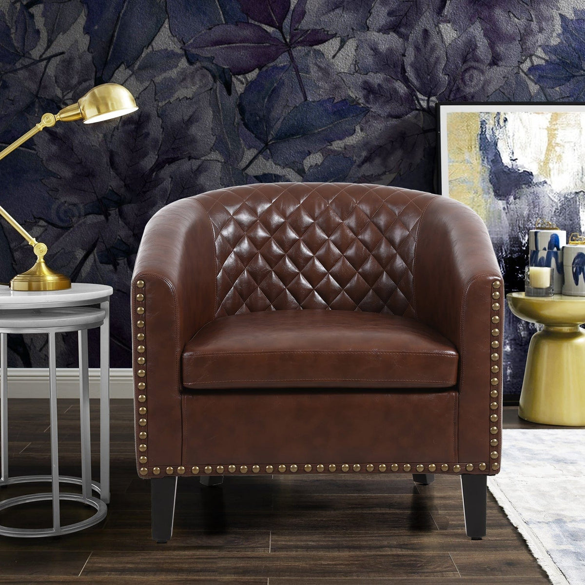 THE FURNITURE CO. Accent Chair Scandinavian Barrel Chair with Padded Armrests and Solid Wood Legs in Faux Leather